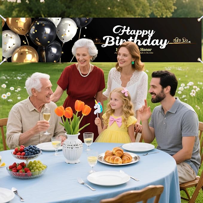 Nuxovilar Happy Birthday Banner Decorations 17.72x78.74 Inch Black Gold Balloon Theme - Polyester for Indoor Outdoor Birthday Party Decor
