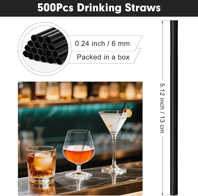 [500 Pcs] 5 Inch Black Drinking Straws - 0.24'' Diameter Disposable Plastic Straw for Coffee and Cocktail, Short Straws for Bar, Cafe, Club, Kitchen, Party, Martini, Margarita and Whiskey