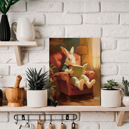 TLESKE Funny Reading Bunny Rabbit Wall Art Decor, Bunny Rabbit Canvas Wall Art Print for Reading Nook Reading Corner Bedroom Living Room, Easter Bunny Wall Artwork Picture, 11x14