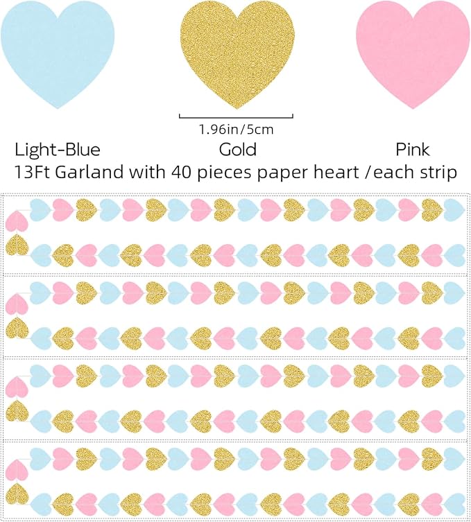 Blue Pink Gold Party-Decorations Gender-Reveal - 52Ft Paper Heart Streamers Garland Banner Hanging Decor Birthday Ideas Event Party Supplies