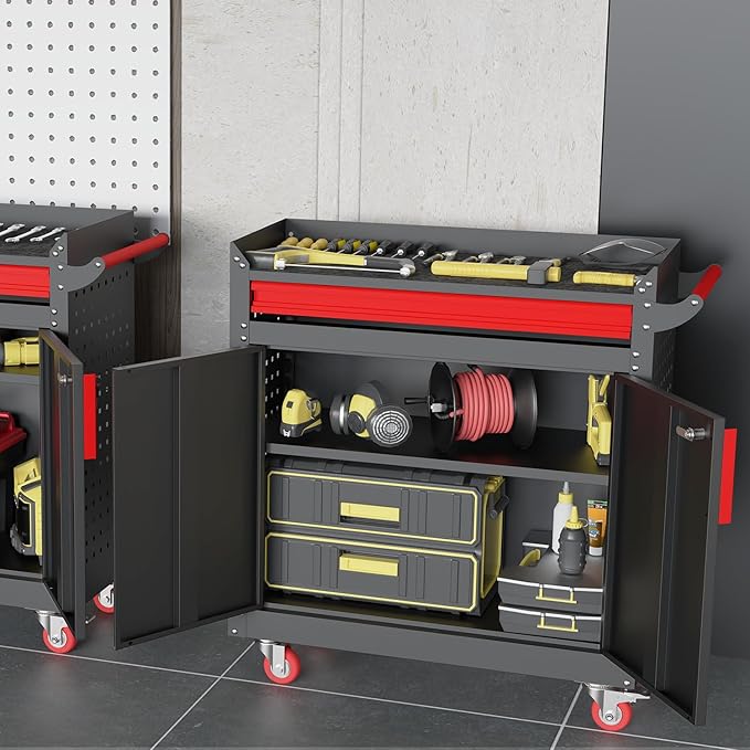 Metal Garage Storage Cabinet with Wheels,Lockable Storage Cabinets with Adjustable Shelf,Steel Tool Locker with Pegboard and Handle for Garage,Warehouse