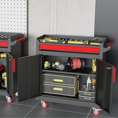 Metal Garage Storage Cabinet with Wheels,Lockable Storage Cabinets with Adjustable Shelf,Steel Tool Locker with Pegboard and Handle for Garage,Warehouse