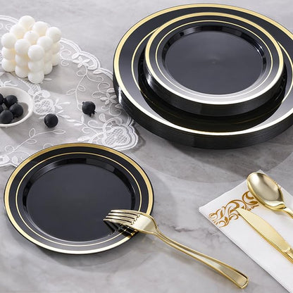 175 Pcs Black Gold Disposable Plates for 25 Guests, Disposable Plastic Plates, Dinnerware Set Include 25 Dinner Plates, 25 Salad Plates,25 Cups, 25 Paper Napkins for Party, Wedding
