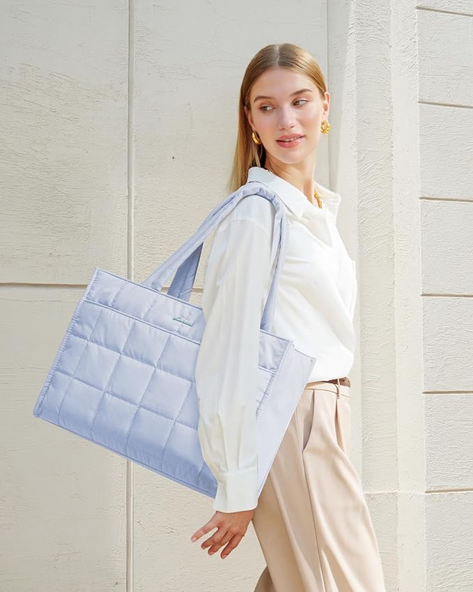 LOVEVOOK Tote Bag for Women, Puffer Work Handbag 15.6 Inch Laptop Purse for Nurse Teacher, Large Quilted Travel Tote Shoulder Bag with Zipper for College Office Clinical Gym, Sky Blue