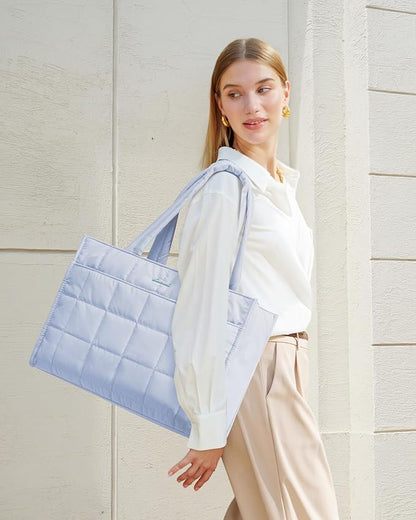 LOVEVOOK Tote Bag for Women, Puffer Work Handbag 15.6 Inch Laptop Purse for Nurse Teacher, Large Quilted Travel Tote Shoulder Bag with Zipper for College Office Clinical Gym, Sky Blue