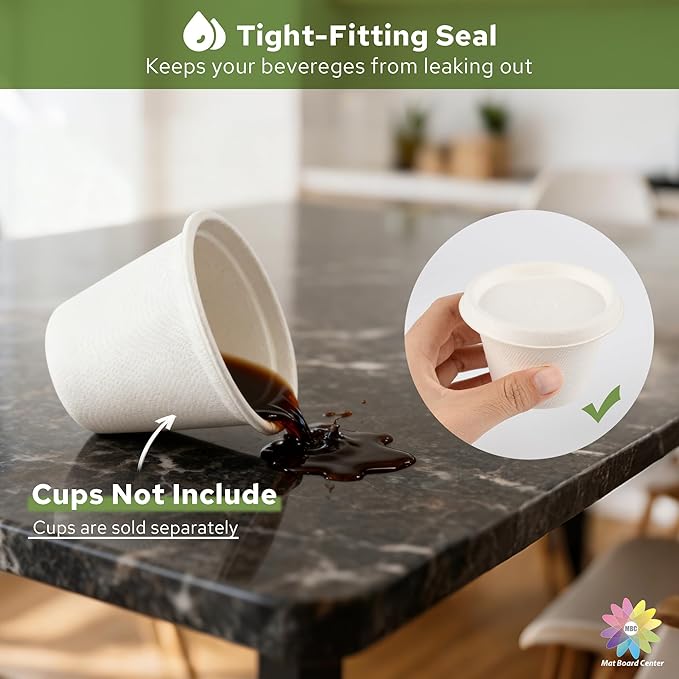 Mat Board Center, 4 oz Bagasse Compostable Cup Lids,Sugarcane Fiber Material, White, 2000-Pack
