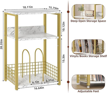 LELELINKY Large White Marble Record Player Stand with Golden Metal Frame, 3 Tier 18" Wide Big End Table with Vinyl Storage Up to 130 Albums, Industrial Turntable Printer Tables for Living Room, Office