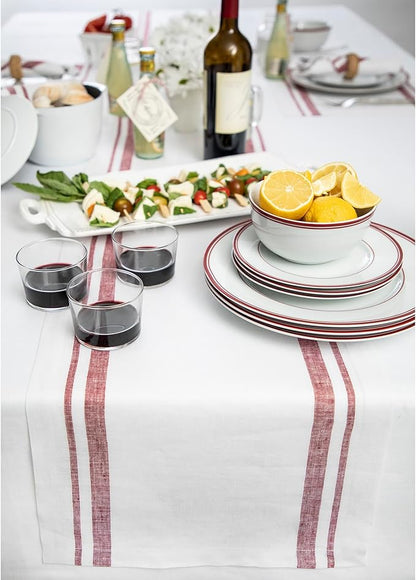Solino Home Linen Table Runner 120 Inches Long - French Stripe, 100% Pure Linen Burgundy and White Farmhouse Table Runner 16 x 120 Inch Ideal for Dining, Fall, Autumn