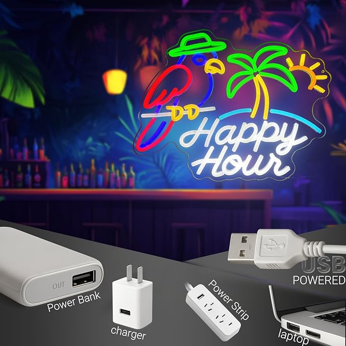 Happy Hour Dimmable Neon Sign 15.7”×12.6” with Parrot, Palm Tree & Sun, Tropical LED Wall Light for Tiki Bar, Home Bar, Beach Party Decor, USB Powered
