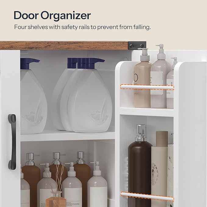 HOOBRO Bathroom Storage Cabinet, Farmhouse Freestanding Floor Cabinet with 2 Extra Hidden Storage Doors, Adjustable Shelves, Large Capacity, Easy Assembly, 11.8 x 23.6 x 43.5 Inches, White and Walnut
