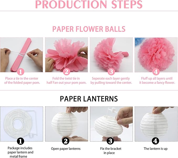 KAXIXI Hanging Party pom pom Set, 15pcs Pink White Paper Flowers Pom Poms Balls and Paper Lanterns for Wedding Birthday Bridal Baby Shower Graduation, LanternPomPom012