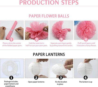 KAXIXI Hanging Party pom pom Set, 15pcs Pink White Paper Flowers Pom Poms Balls and Paper Lanterns for Wedding Birthday Bridal Baby Shower Graduation, LanternPomPom012