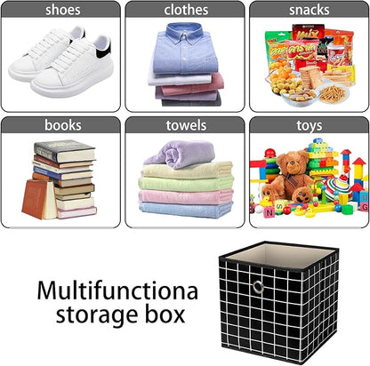 Foldable Storage Cubes Bins,11 Inch Cloth Storage Cube Fabric Storage Box Cubes Organizer Baskets with Dual Handles for Home Organizer Set of 3 (Black grid)