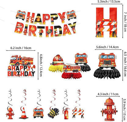 Fire Truck Party Supplies Firetruck Birthday Decorations Firefighter Disposable Plates Napkins Set, Banner, Hanging Swirls, Tablecloth, Cake Topper, Balloon, Fireman Honeycomb Centerpieces
