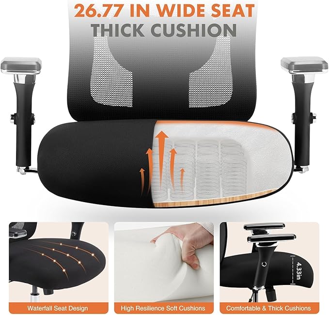 Sweetcrispy Big and Tall Office Desk Chair with Lumbar Support, 500lbs Heavy Duty Mesh Ergonomic Computer Chair with 4D Armrest and Wide Comfy Seat, Wheels for Adult, Black