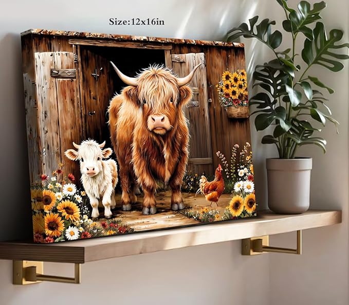 ZOIYINO Farmhouse Highland Cow Wall Art Rustic Country Sunflower Cow Pictures Wall Decor,Farm Animal Cattle Sunflower Prints Painting Modern Artwork Bedroom Living Room Home Decorations 12"X16"