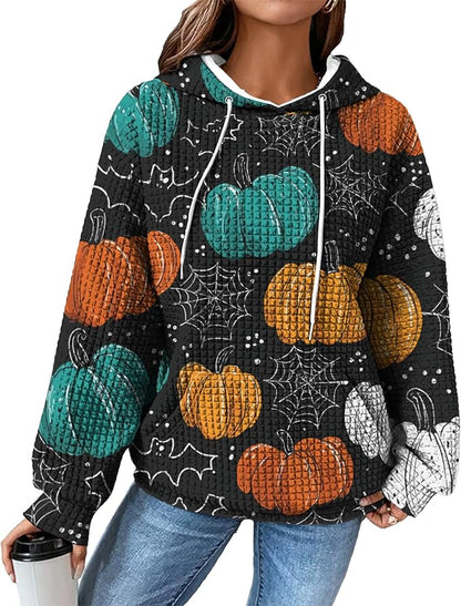 Halloween Sweatshirts for Women Novelty Graphic Drawstring Waffle Hoodies Loose Casual Pullover Tops with Pocket