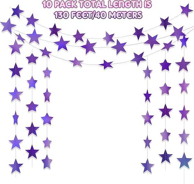 Patelai Glitter Star Garland Banner Christmas Decor 130 Feet Star Hanging Bunting Banner Twinkle Backdrop for Homecoming Classroom Wedding Birthday Halloween Party Supplies(Holographic Purple)