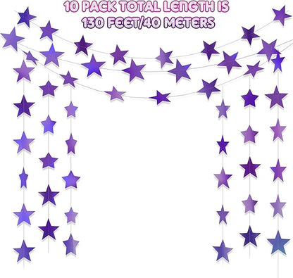 Patelai Glitter Star Garland Banner Christmas Decor 130 Feet Star Hanging Bunting Banner Twinkle Backdrop for Homecoming Classroom Wedding Birthday Halloween Party Supplies(Holographic Purple)