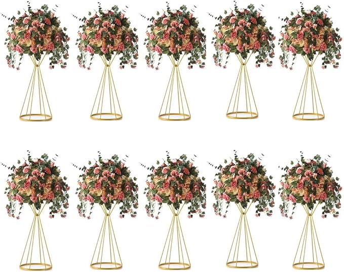 Sziqiqi Metallic Vase Centerpiece Stands Tall Centerpiece Risers 10pcs, Dual Coned, for Tabletop Flower Arrangement, Event Decoration, Creative Wedding Centerpieces 20inch Gold