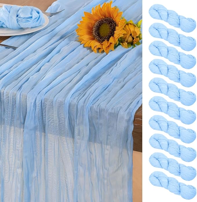 Baby Blue Cheesecloth Table Runner 10 Pack Christmas Table Runners Boho Gauze 120 Inches Light Blue Table Decor for Xmas Holiday Season Parties Wedding Bridal Baby Boy Shower Birthday