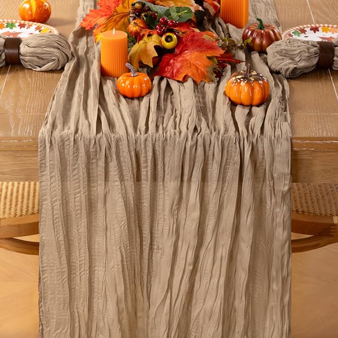 MLMC Nude Cheesecloth Table Runner 10ft Boho Gauze Taupe Cheese Cloth Table Runner Rustic Neutral Centerpiece Decor 35x120 Inches for Wedding Farmhouse Reception Home Decor