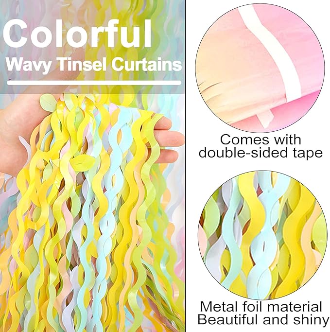 4 Pack Rainbow A Fringe Curtain Backdrop 3.2Ft x 8.2Ft Metallic Tinsel Foil Fringe Streamers Background for Photo Booth Mother's Day, Easter, Carnival, Birthday, Wedding Party Decoration