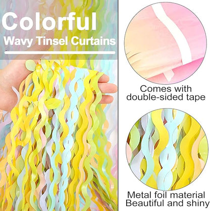 4 Pack Rainbow A Fringe Curtain Backdrop 3.2Ft x 8.2Ft Metallic Tinsel Foil Fringe Streamers Background for Photo Booth Mother's Day, Easter, Carnival, Birthday, Wedding Party Decoration