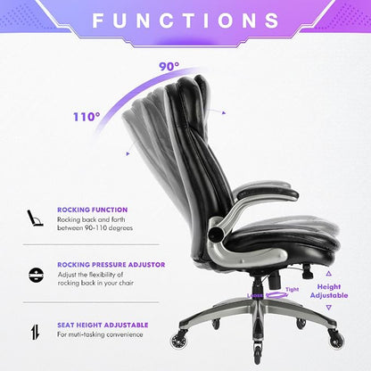 COLAMY Executive Office Chair, Bonded Leather Desk Chair with Flip-Up Arms, Lumbar Support, Ergonomic Tilt & Tension Control for Home Office