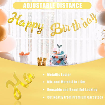 CANREVEL 3 PCS Gold Happy Birthday Banners, Hanging Stars Garland and Pennant Banner Flags, Gold Party Decorations, Golden Birthday Party Supplies for Women Men Girls Boys Adults