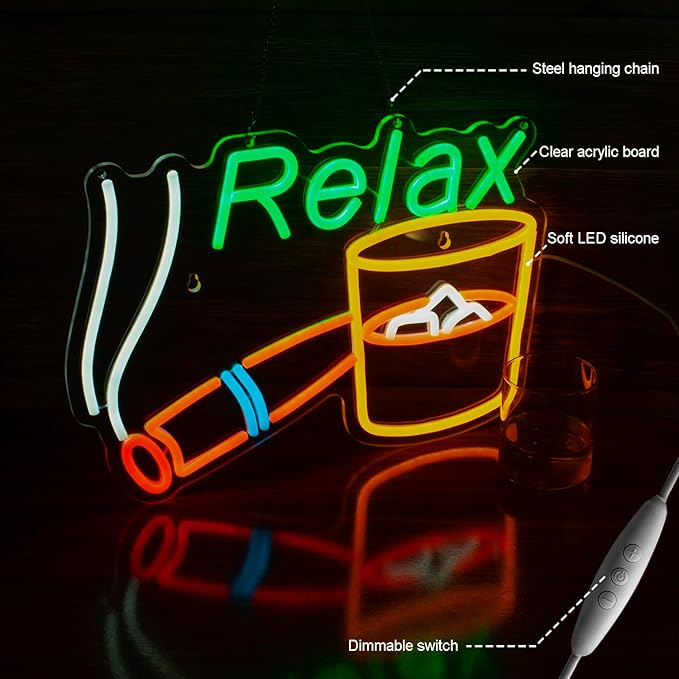 Relax Neon Sign, LED Neon light, Dimmable USB Powered, for Home Bar Patio Lounge Man Cave Pub Recreation Room Garage Wall Decor,Light Up Sign for Bourbon Bar Decor