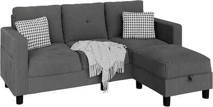 JAMFLY Convertible Sectional Couches for Living Room, L-Shaped Couch 3 Seat Sectional Sofa Set with Corduroy Fabric and Movable Ottoman Small Couch for Apartments, Office（Dark Grey）