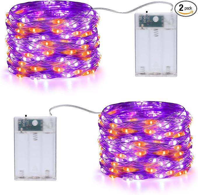 Joomer Orange Purple Battery Halloween Fairy Lights, 2 Pack 16.4FT 50LED 2 Modes Twinkle String Lights for Indoor Outdoor Halloween Decorations