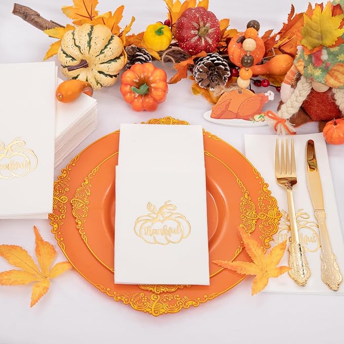 100PCS Thanksgiving Napkins Disposable - White and Gold Paper Napkins with Built-in Flatware Pocket Prefolded Cloth Like - Heavy-duty Linen-Feel Dinner Napkins for Thanksgiving & Dinner