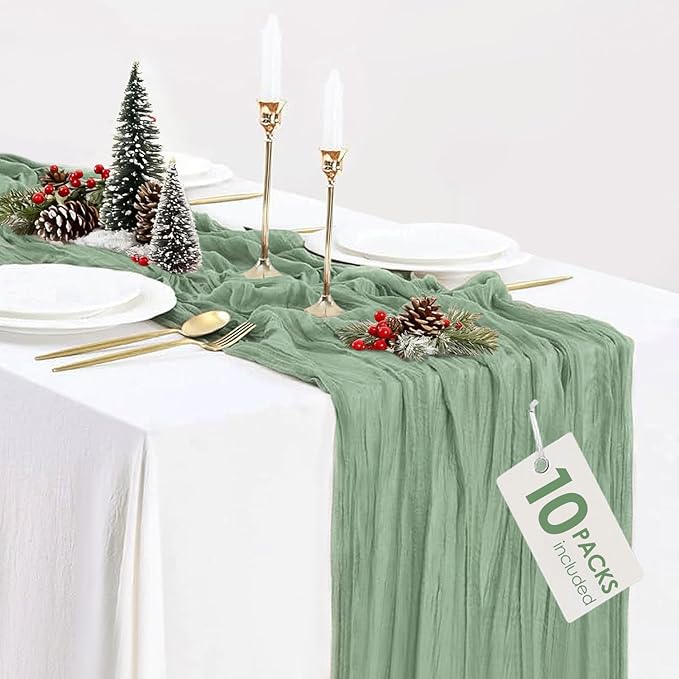 10 Pack Sage Green Cheesecloth Table Runner 35x120 Inch, Boho 10FT Cheese Cloth Sheer Gauze Table Runner for Baby Shower Birthday Party Wedding Christmas Table Decorations