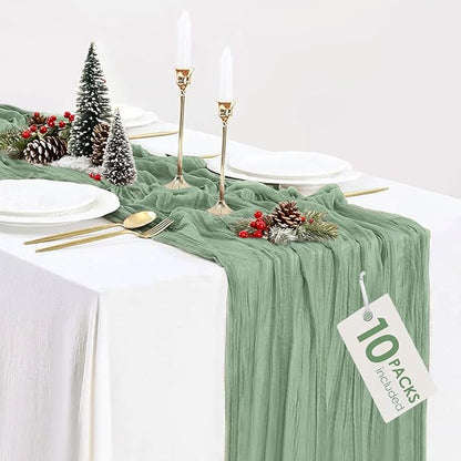 10 Pack Sage Green Cheesecloth Table Runner 35x120 Inch, Boho 10FT Cheese Cloth Sheer Gauze Table Runner for Baby Shower Birthday Party Wedding Christmas Table Decorations