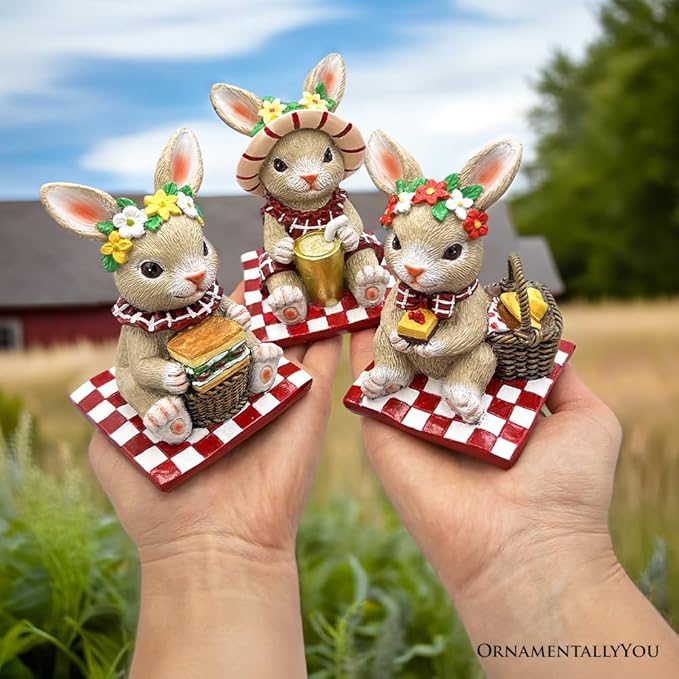 OrnamentallyYou Sweet Easter Decoration for Indoor & Outdoor (Joyful Picnic Gathering Bunny Trio Set of Three Figurines, Spring Rabbit Statue 4.5" Decor)
