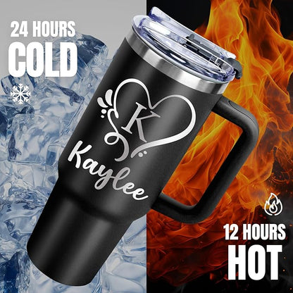 Personalized 40 Oz Tumbler with Handle, Made in USA Custom Tumbler With Name - Lid and Straw, Stainless Steel Coffee Tumbler Travel Coffee Mug Cup, Personalized Gift for Women Men Birthday