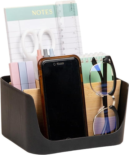 Mind Reader 5-Compartment Desktop Organizer, Adjustable Caddy, Plastic and Wood, Black