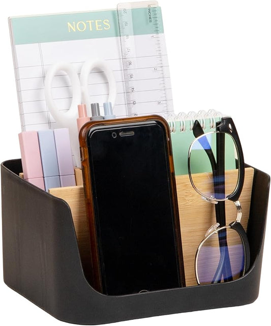 Mind Reader 5-Compartment Desktop Organizer, Adjustable Caddy, Plastic and Wood, Black
