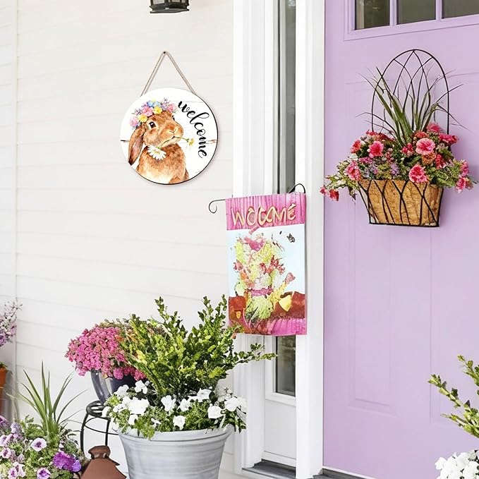 Kercan Easter Decor Door Sign, Religious Easter Decorations for Home, Spring Welcome Sign for Front Door, Bunnies Wood Signs, Bunny Egg Decor Wood Hanging Sign Gifts