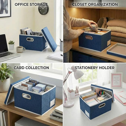 PRANDOM Storage Bins with Lids [3-Pack] Linen Fabric Foldable Storage Boxes Organizer Containers Baskets Cube with Cover for Bedroom Closet Office Royal Blue（11.4X8.6X6.7