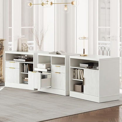 3 Drawer File Cabinet, Fluted Wood Lateral Filing Cabinet with Charging Station for Home Office, Fits for A4/Letter-Sized Files, Printer Stand with Open Storage Shelves, White