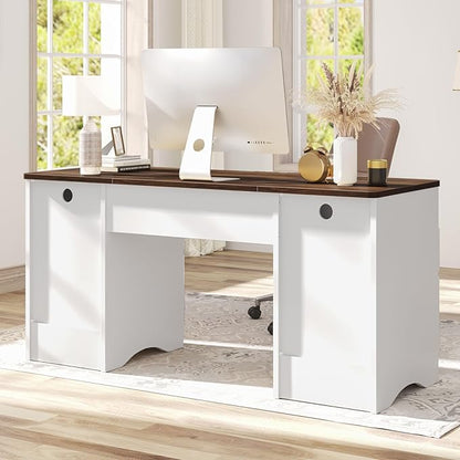 Bestier Computer Desk with Keyboard Tray, 59 inch Office Desk with 4 Drawers, Modern Home Office Desk with File Drawer (Walnut with White, 59" W with Double-Sided Drawers)