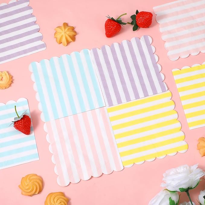200 Pack Scalloped Pastel Napkins Mixed Stripe Ice Cream 5 x 5 Inch Disposable Paper Cocktail Beverage Napkins for Pastel Summer Party Shower Birthday Dinner Decor Supplies Favor (4 Colors)