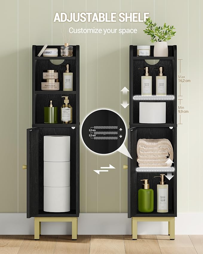 Bathroom Storage Cabinet, Small Corner Floor Cabinet with Door and Shelves, Narrow Toilet Paper Holder, Bathroom Organizer with Adjustable Shelf, for Small Spaces, Rattan Black BC08204Y