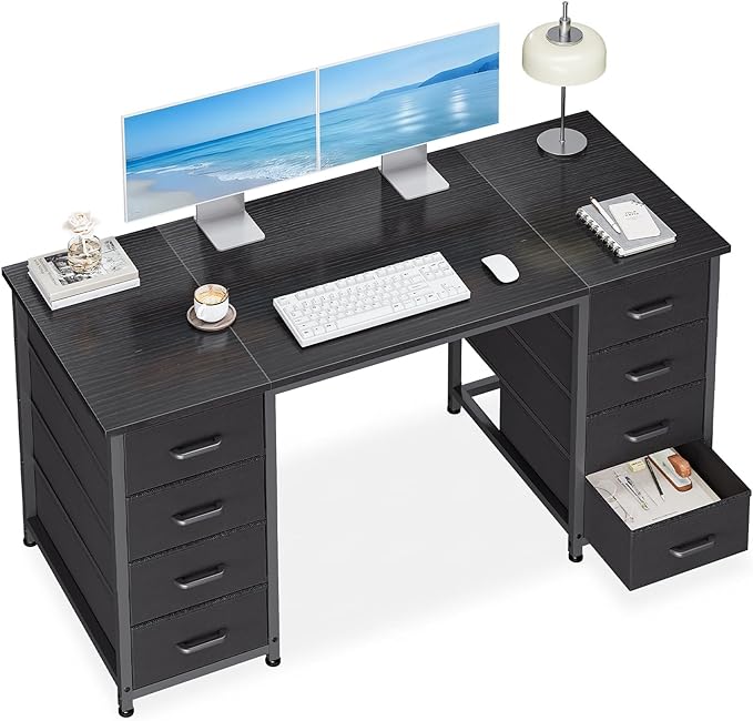 Casaottima 48 Inches Computer Desk with 8 Fabric Drawers, Modern Office Desk with Large Storage for Home Office, Study, Black