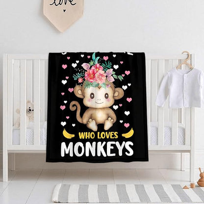 Just A Girl Who Loves Monkeys Blanket Lightweight Cozy Flannel Fleece Throw Blanket Best Gift Home Decor for Bed Couch Outdoor Camping 80"x60" Queen for Adults