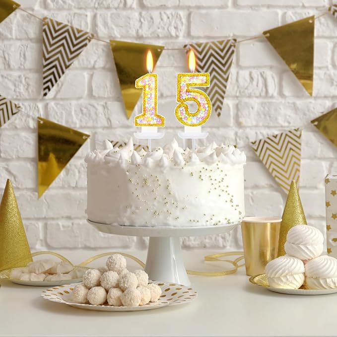 15th Birthday Candle for Cake, Colorful Macaron Numeral Candles for Girls/Boys, Birthday Party Cake Decorations, Golden Cake Topper for Birthday Party Supplies (Number 15)