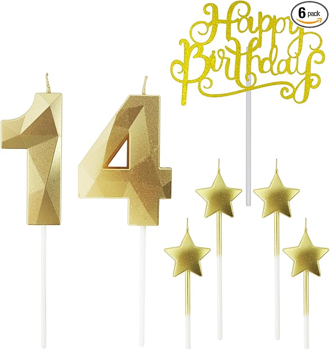 Golden Number 14 Birthday Candles and Star Birthday Candles 2.76 inch Birthday Cake Candles 3D Diamond Shaped Candles are Suitable for Birthday Parties and Anniversary Cake Decorations Candles